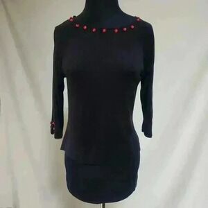 Valerie Stevens Petites Collection PL Black Silk Sweater Red Ribbon Rosettes